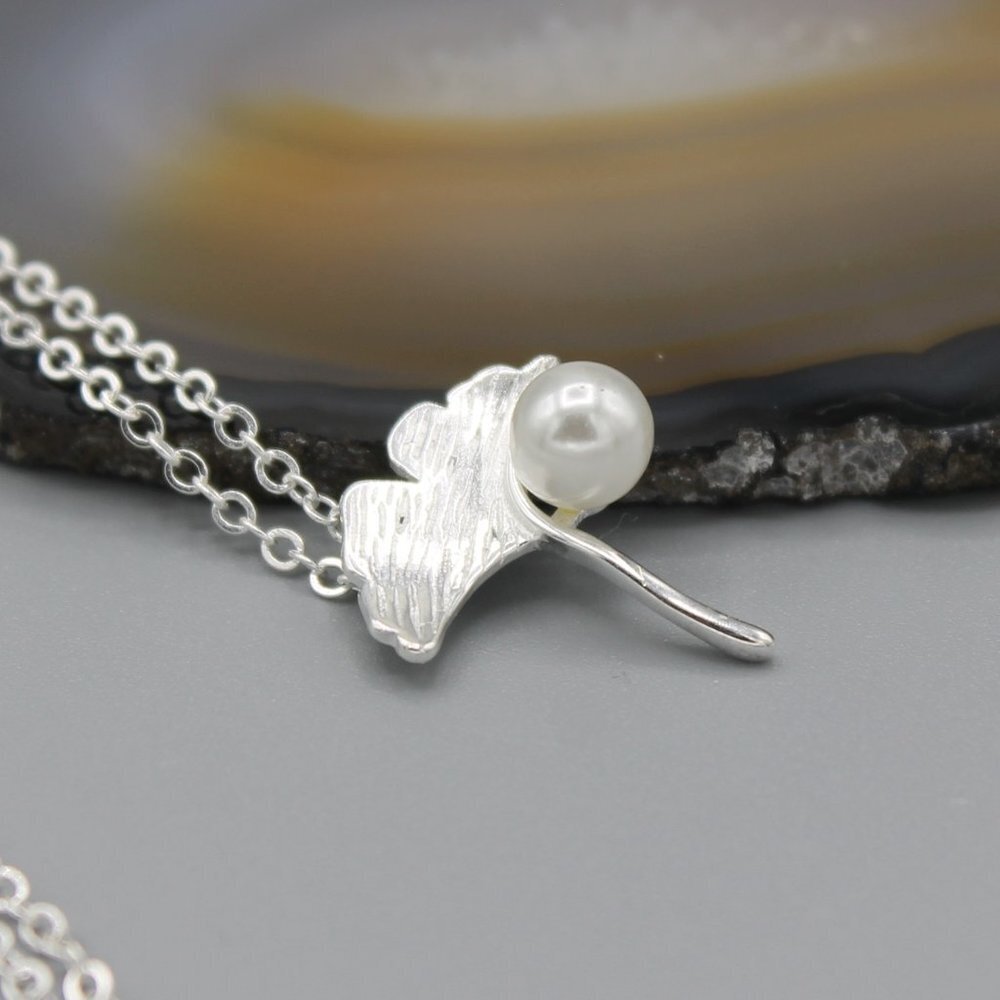 Jewelry necklace ginkgo leaf nature white pearl sterling silver 925 elegant new